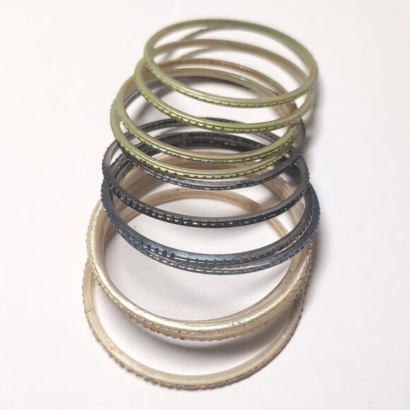 Set of 12 Green Blue and Cream Bangle Bracelets - Picture 1 of 4